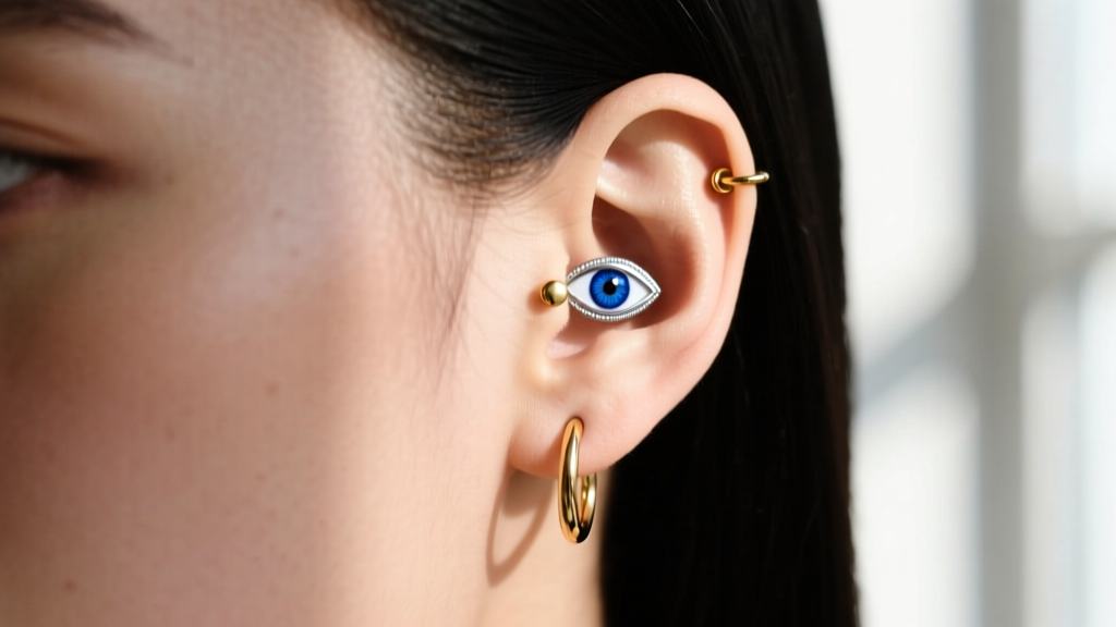 Side profile showing an 18-gauge evil eye huggie hoop in a healed helix piercing, paired with a simple gold stud in the ear lobe