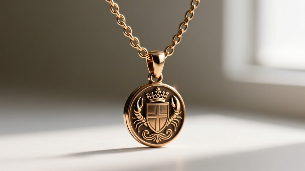 A 2.5mm solid Figaro chain supporting a bronze crest pendant, showcasing the secure lobster clasp and polished link reflections
