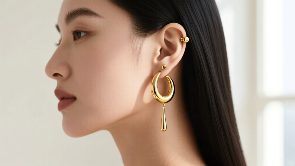 Side profile of a model wearing 20-gauge 18k gold double hoops, highlighting the drop length against a minimal, elegant ear stack.