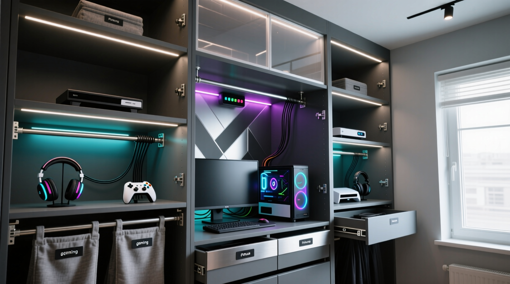 gamer closet organization with rgb lighting