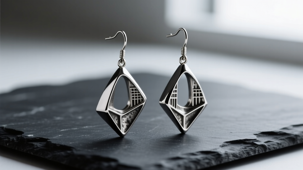 Rick Owens oxidized silver drop earrings on dark slate, highlighting the contrast between black crevices and polished high edges.