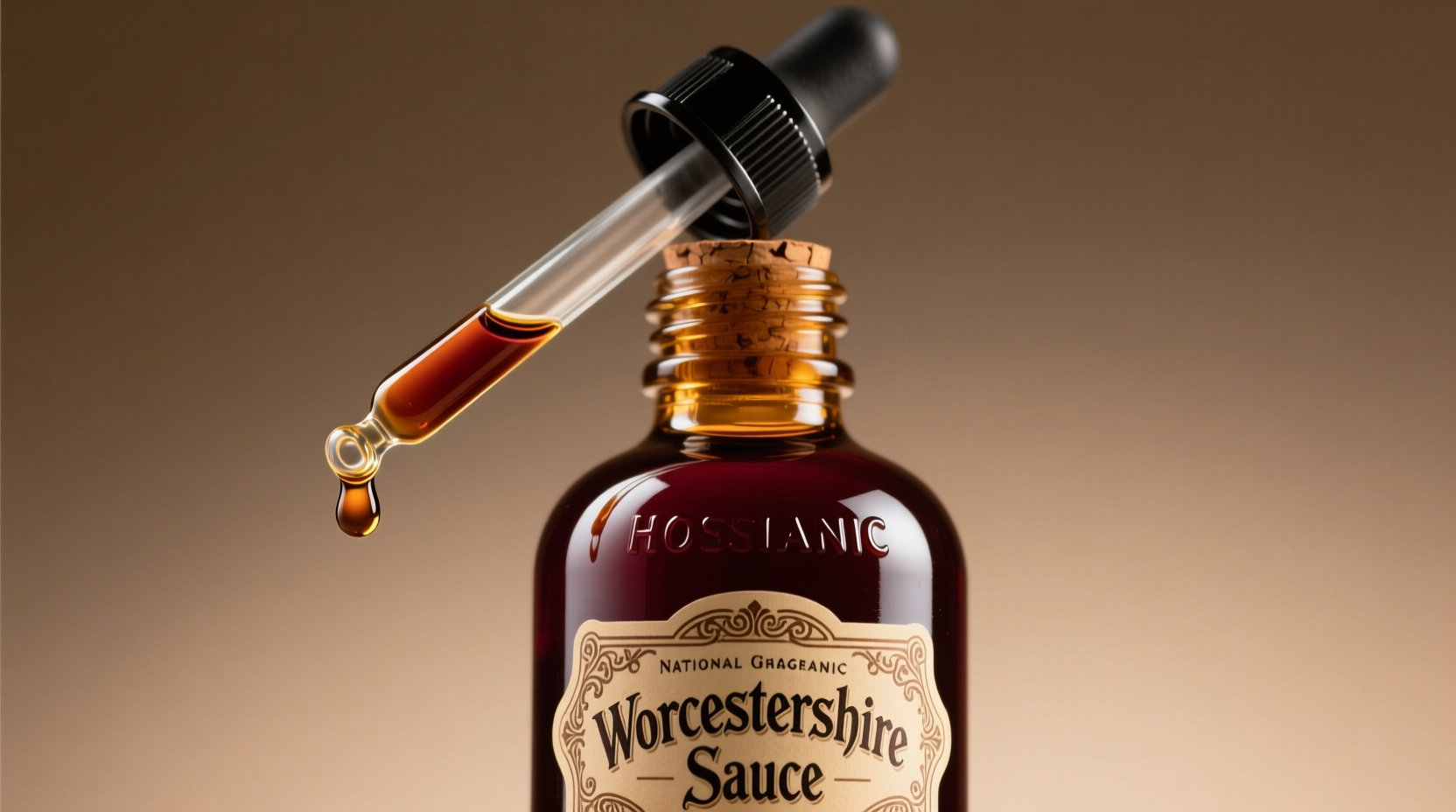 Close-up of Worcestershire sauce bottle with dropper