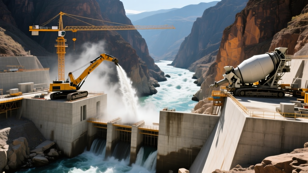 Massive concrete gravity dam foundation being poured with heavy machinery against a rushing river backdrop in a deep rocky canyon.
