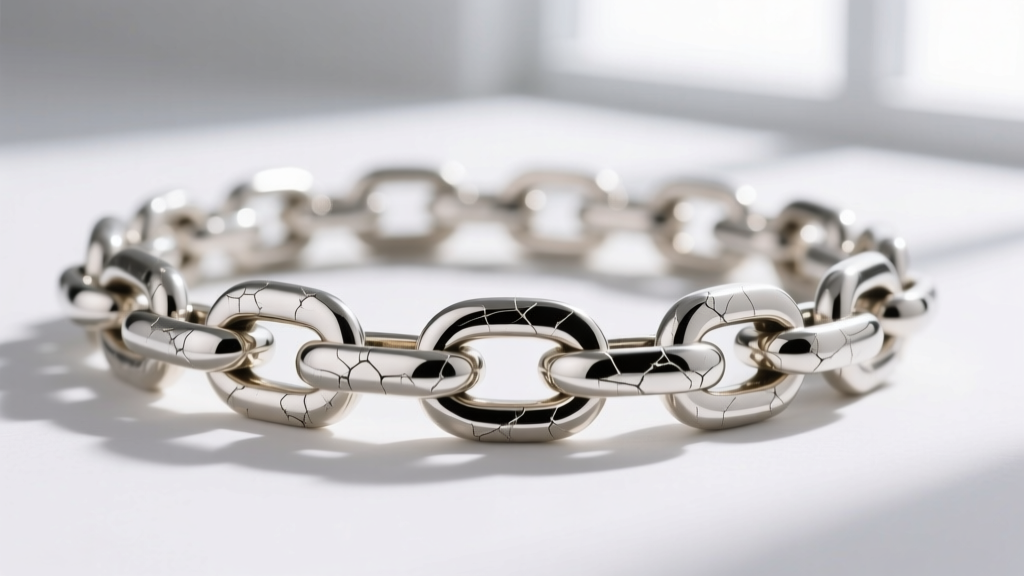 Macro of rhodium-plated 18k white gold and solid Pt950 platinum chains showing microscopic wear patterns on the metal surfaces.
