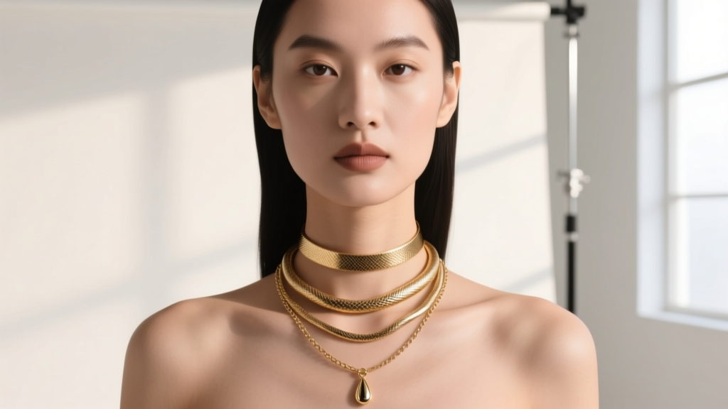 Model wearing the Julia necklace layered with a snake chain and choker, showing distinct drop lengths, gold tones, and textures.