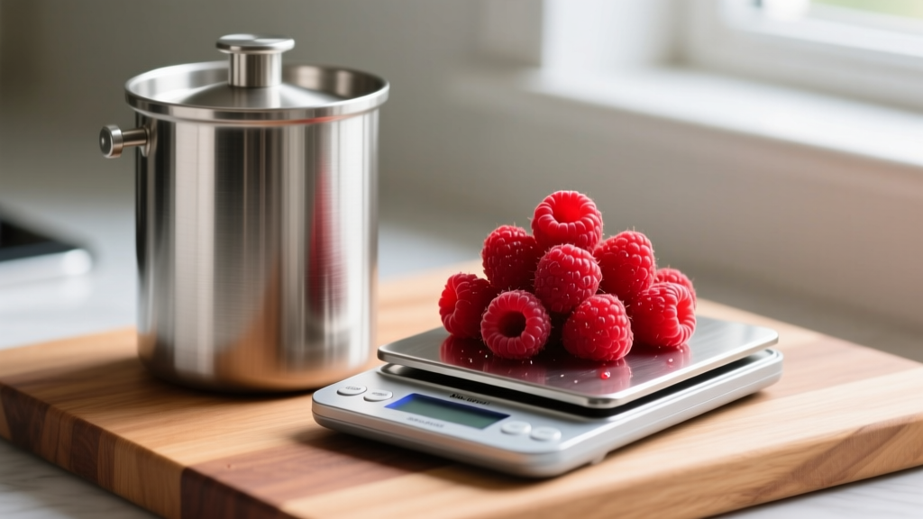 Stainless steel vacuum infusion chamber next to bright red macerated raspberries and a digital kitchen scale on a wooden butcher block surface