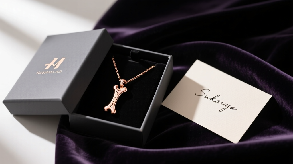 Flat lay gift box holding a delicate rose gold Sukuna finger bone pendant necklace with a note, surrounded by dark velvet fabric.