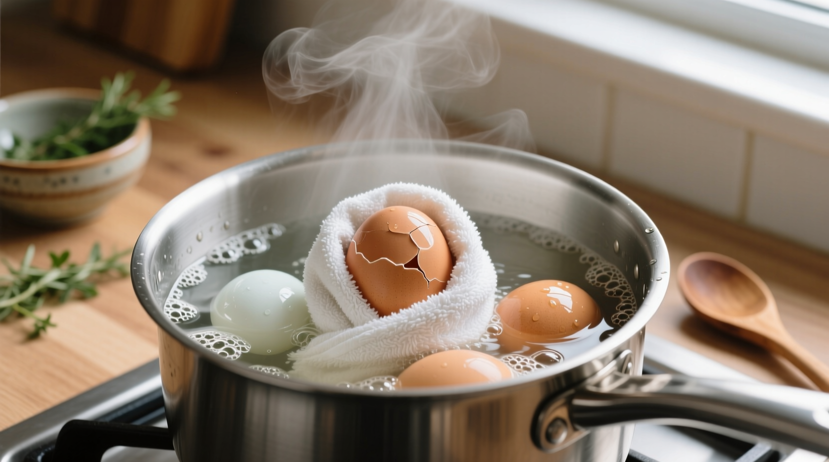 boil eggs with a towel to keep them from cracking in th