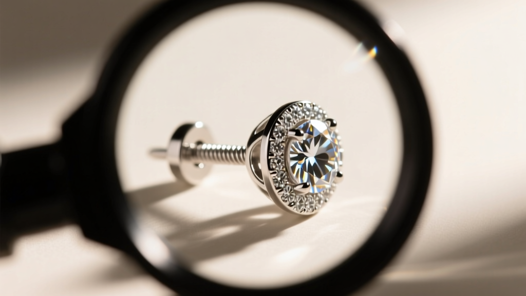 Overhead view of jewelers loupe examining screw-back threading on heavy platinum diamond stud earring to highlight secure locking
