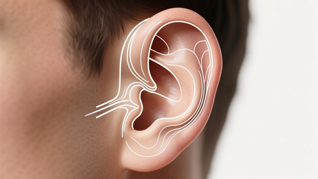 Detailed anatomical diagram overlay on a male ear, highlighting the helix, tragus, and lobule with clean white vector lines.