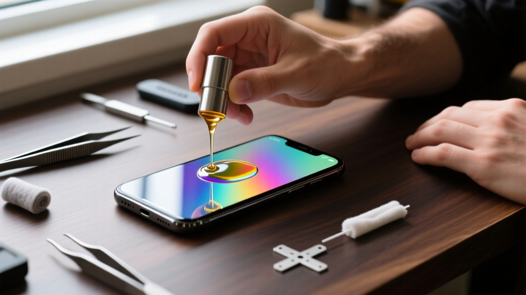 Hands applying liquid nano screen protector to a smartphone, with Gizmo Guy Gadget tools scattered on a dark wooden workbench.