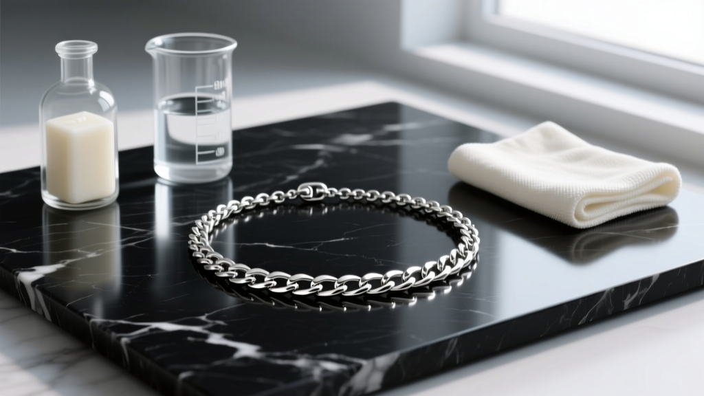 Mild soap, distilled water, and soft cloths arranged beside a dark ruthenium-plated sterling silver chain necklace on dark marble