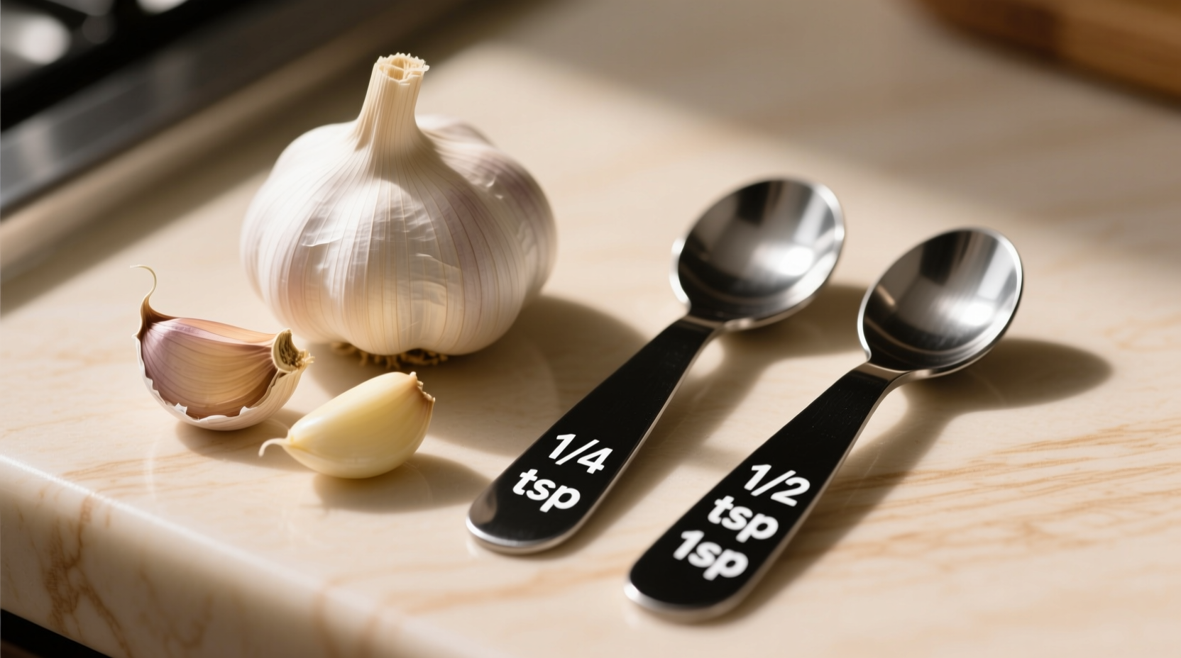 Garlic cloves next to measuring spoons showing conversion