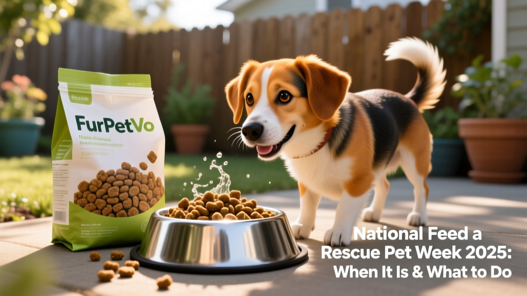 Close-up of a FurPetVo kibble bag alongside a stainless steel bowl filled with food, next to a happy, healthy-looking rescue dog