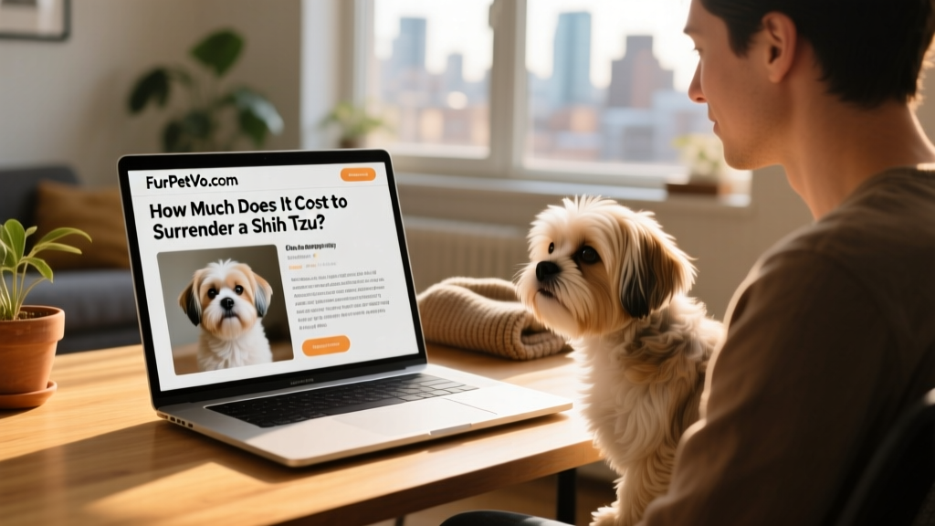 Laptop screen showing a FurPetVo.com rehoming profile with photos and bio of a Shih Tzu