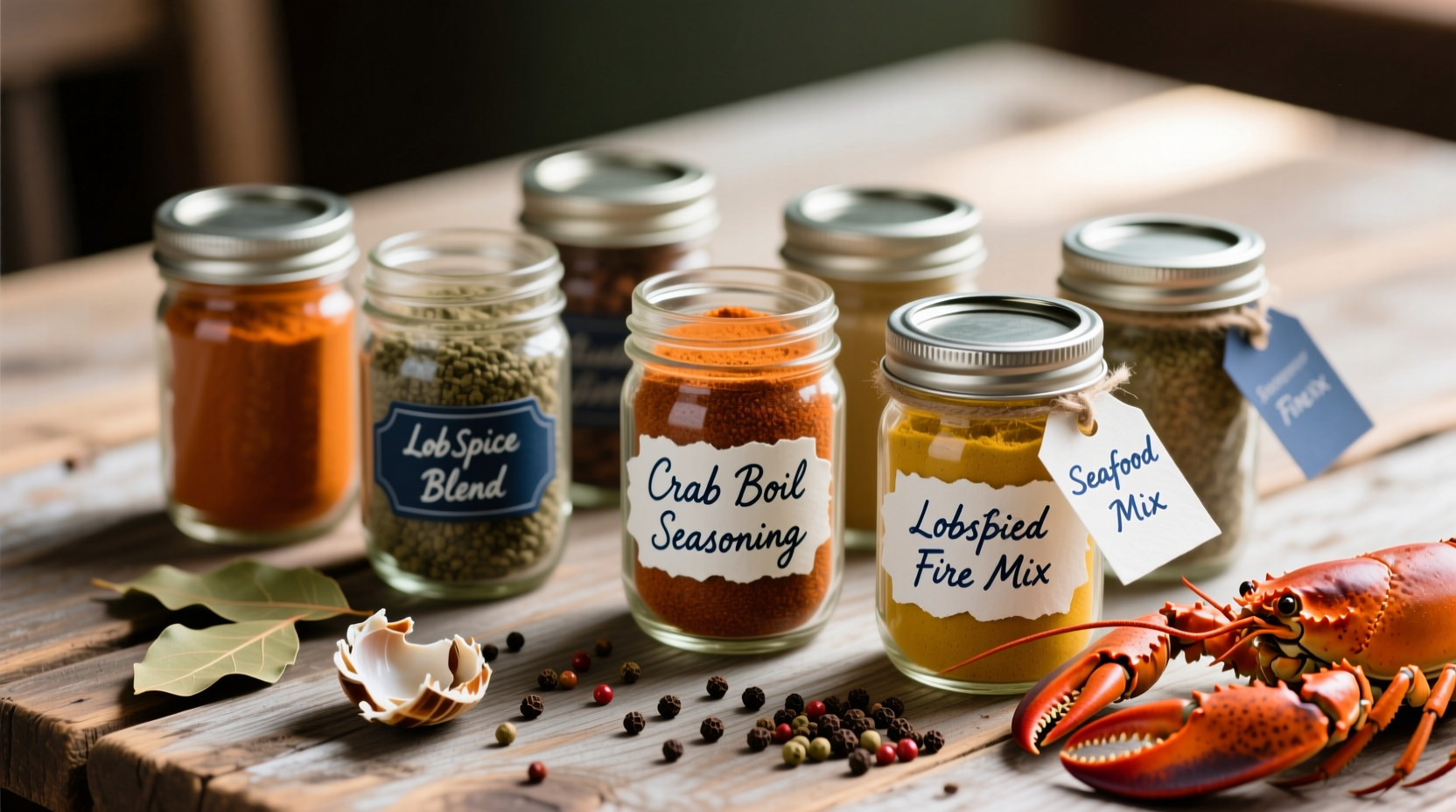 Crab boil spices arranged in mason jars with labels