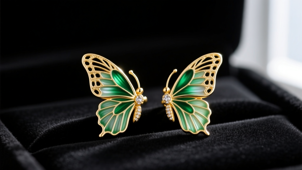 Macro shot of intricate gold and green enamel luna moth earrings resting on dark velvet, highlighting delicate filigree wings