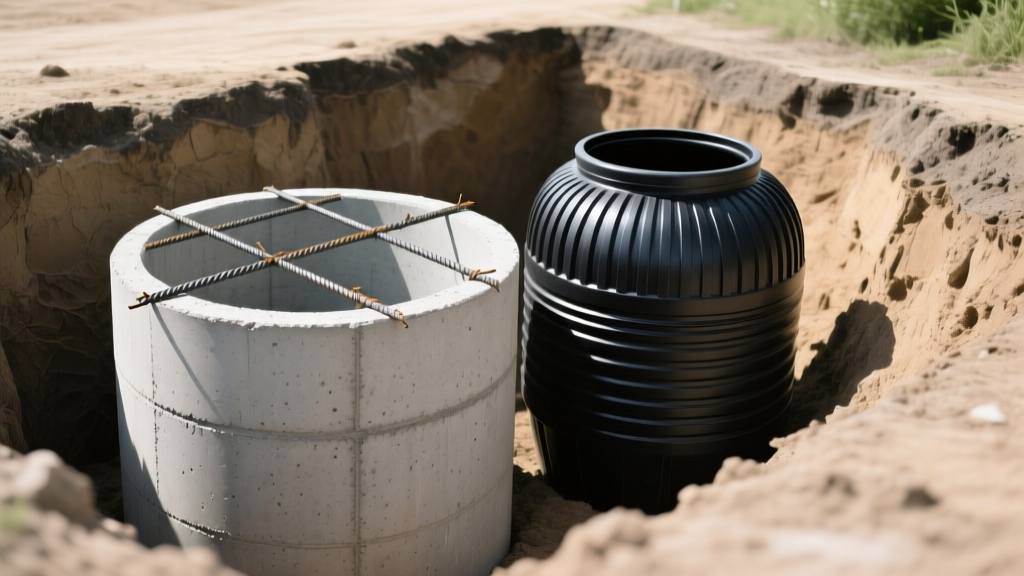 Precast concrete septic tank with exposed rebar next to a ribbed black polyethylene plastic tank in an excavated trench