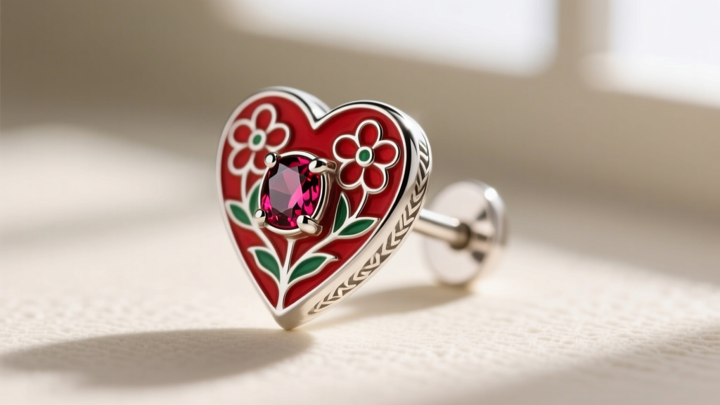 Macro photography of a sterling silver Queen of Hearts earring featuring vibrant red champlevé enamel and a tiny bezel-set ruby.