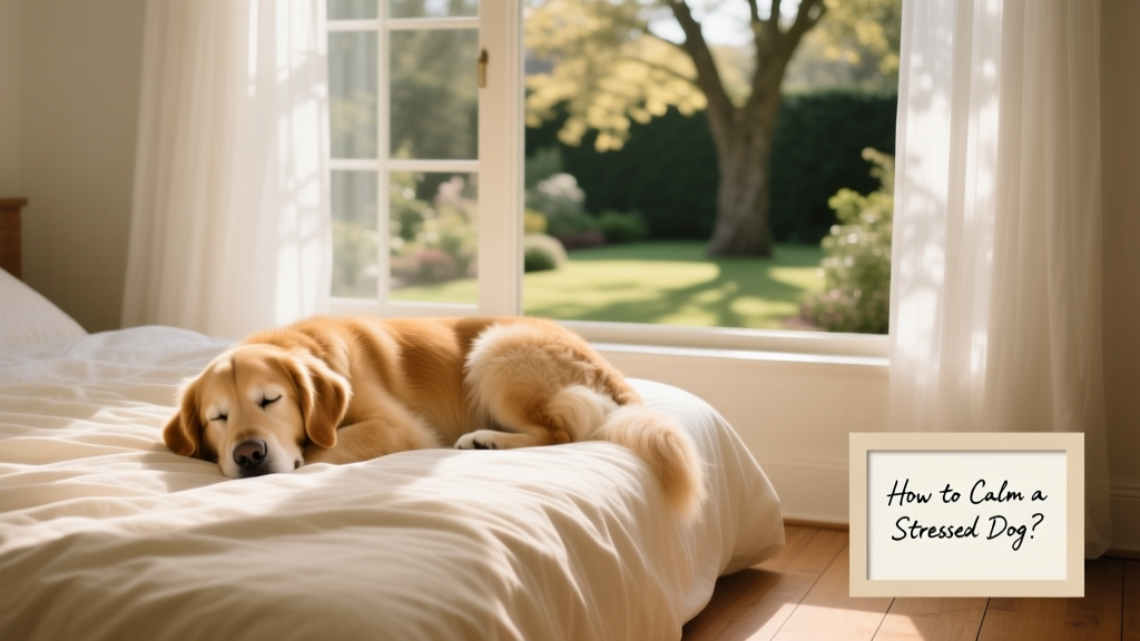 A calm dog resting on a soft bed near a window with natural light