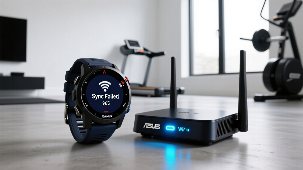 Close-up of a Garmin Forerunner 965 failing to sync next to a blinking ASUS Wi-Fi router in a modern home gym setting