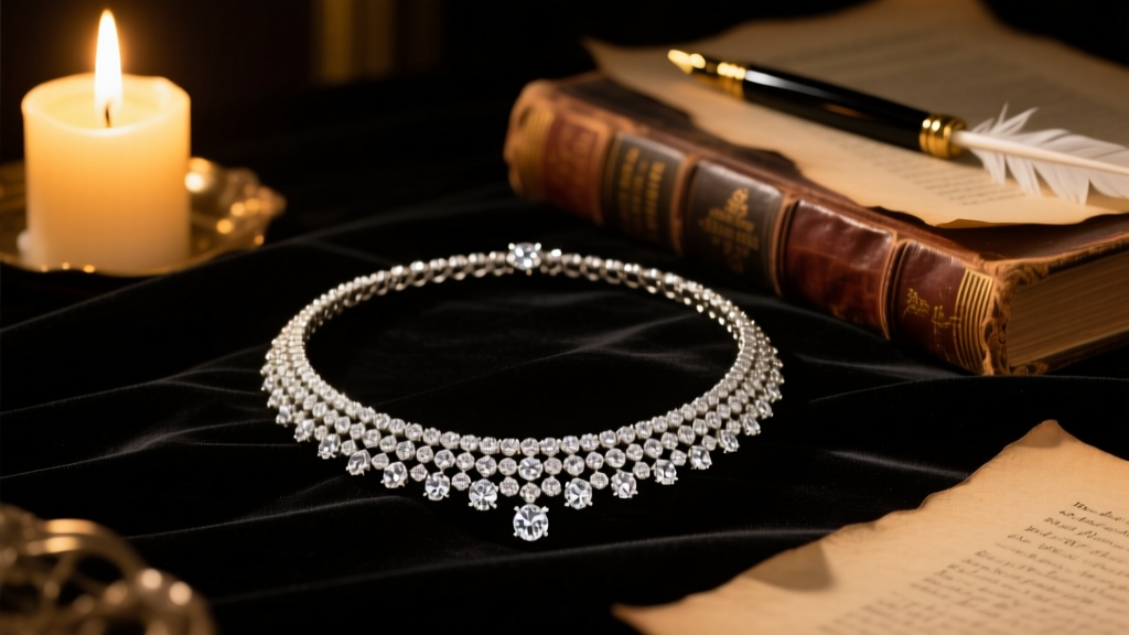 Sparkling diamond necklace on dark velvet, lit by warm candlelight, evoking 19th-century Parisian elegance and literary history.