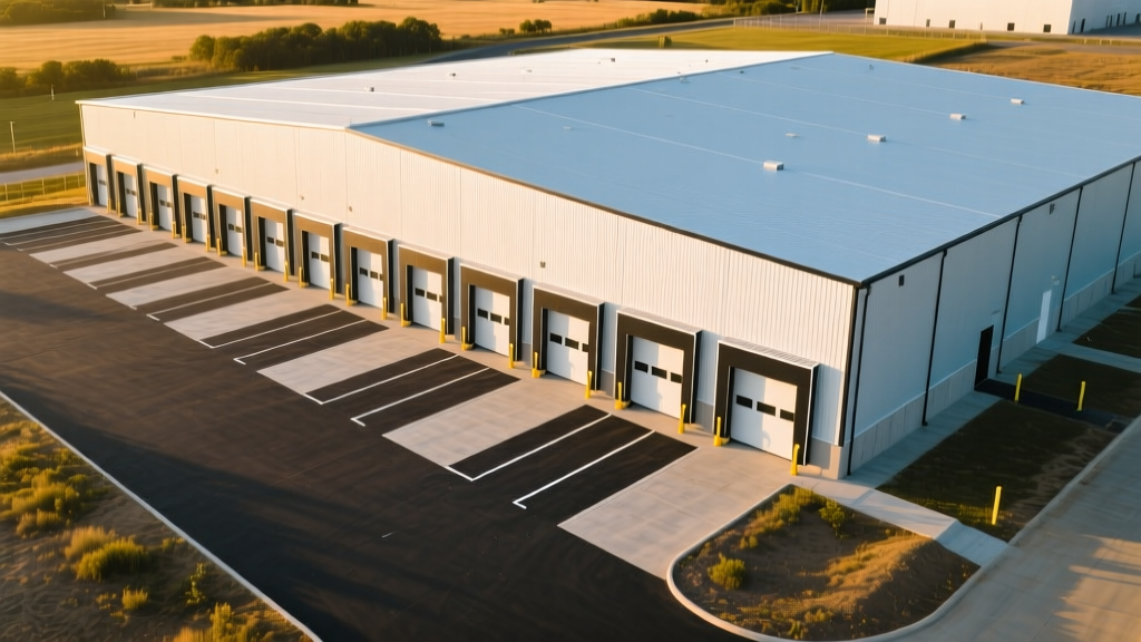 Aerial view of a newly constructed 20000 square foot pre-engineered steel warehouse with concrete tilt-up loading docks and paved apron