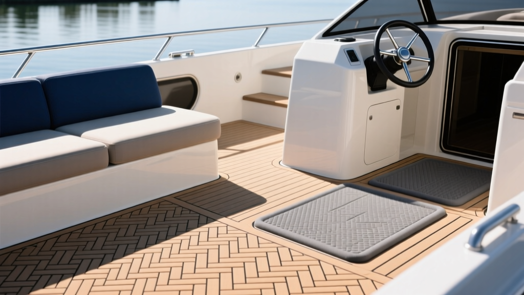 Close-up of a pontoon boat deck featuring woven vinyl flooring in the lounge area and gray EVA foam traction pads near the helm station