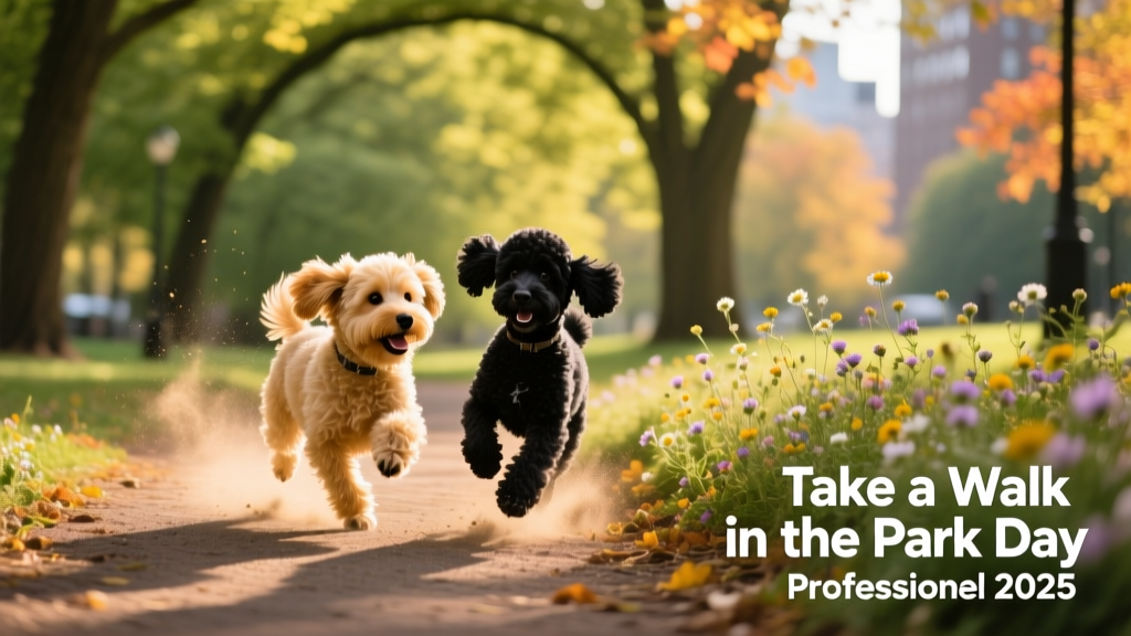 Two small dogs playing together on a sun-dappled park path with trees and flowers in the background