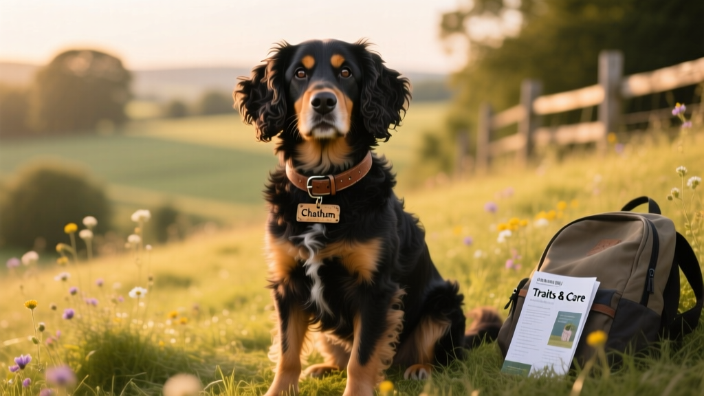 A friendly, medium-sized mixed-breed dog with wavy black-and-tan fur, sitting outdoors with a relaxed, alert expression