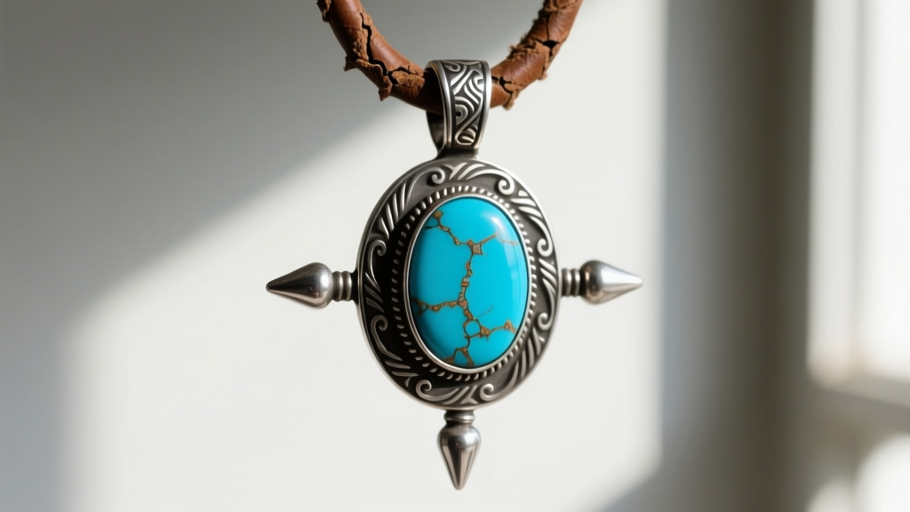 Macro shot of a sterling silver spur rowel pendant with a bezel-set Kingman turquoise cabochon on weathered brown leather.