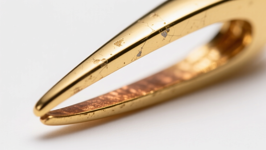 Extreme close-up of a gold-plated jewelry prong showing slight wear and the underlying brass base metal under bright studio light
