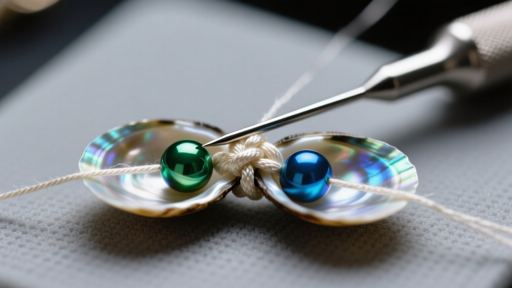 Macro shot of a beading awl tying a silk knot between two iridescent clam shell beads on a gray professional jewelry bench mat