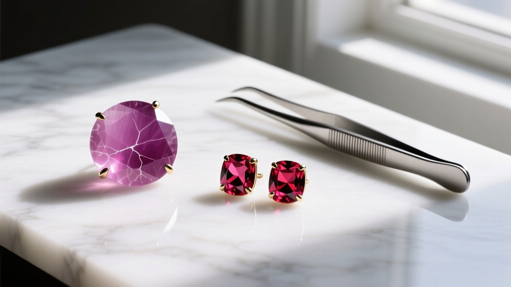 Flat lay of dyed magenta quartz studs and rubellite earrings on white marble, placed beside a pair of fine steel jewelry tweezers.