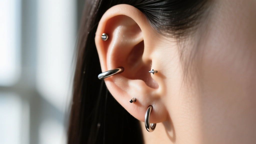 Side profile of curated right ear featuring titanium helix hoop, tragus stud, and lobe huggie, soft natural window light, macro
