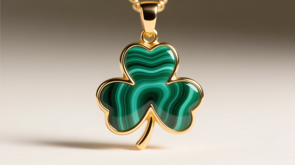 Macro shot of a clover pendant bezel setting highlighting natural banding in a genuine malachite stone inlay against gold
