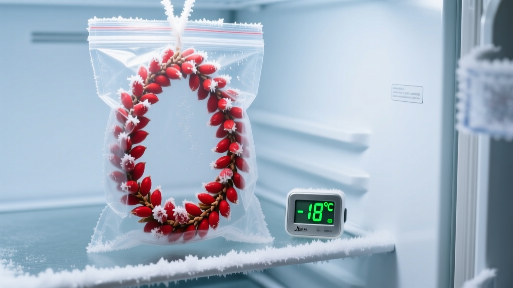 Sealed plastic bag holding a red wiliwili seed lei inside a frosty household freezer next to a small digital temperature gauge.