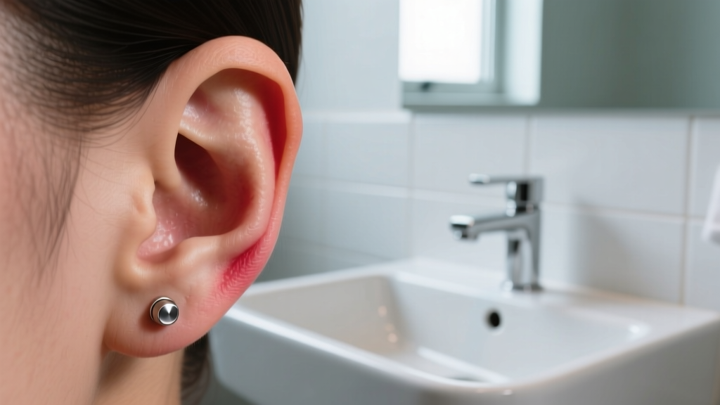 Close-up of a swollen earlobe with a titanium stud, showing mild redness, photographed in a clinical, well-lit bathroom setting.