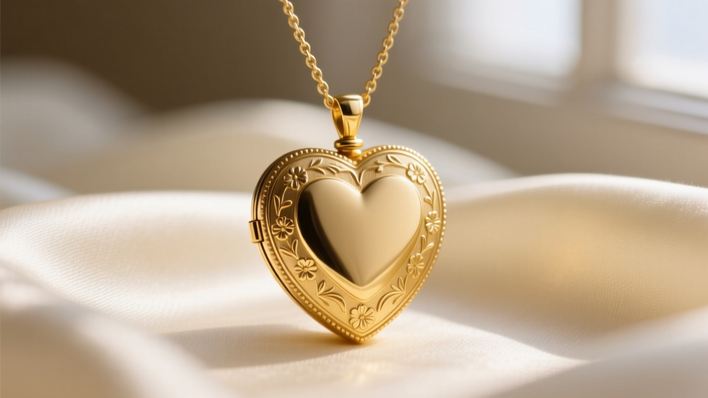 Close-up of a delicate 14k yellow gold vintage-style heart locket necklace with subtle engraving, resting on soft ivory silk.