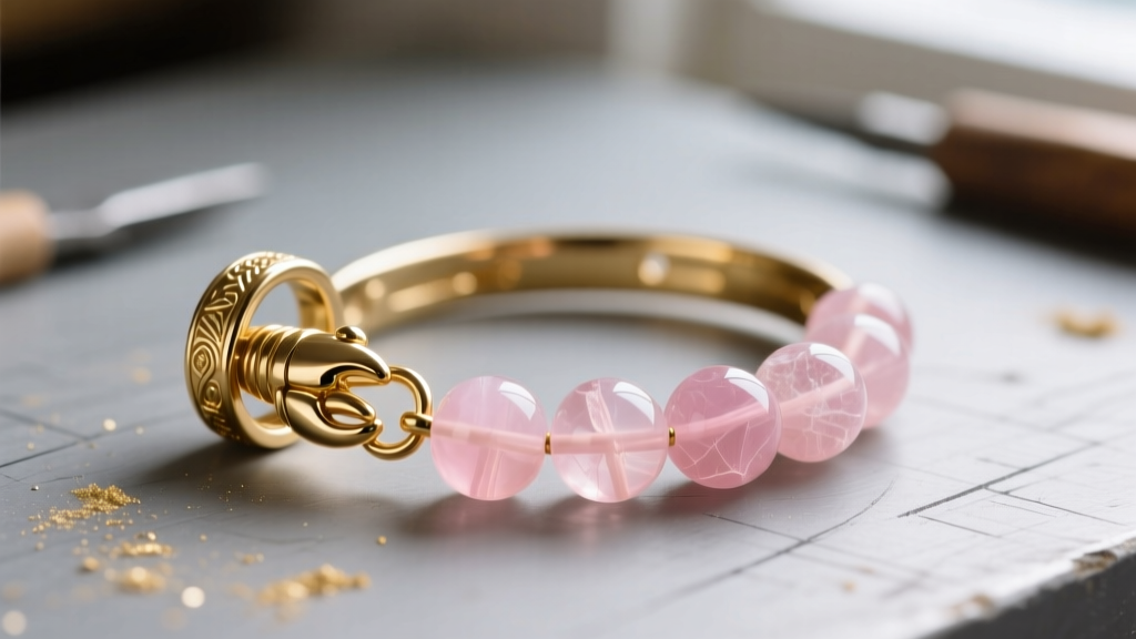 Extreme close-up of a 14k gold lobster clasp and crimp cover securing 6mm rose quartz beads on a jewelry workbench
