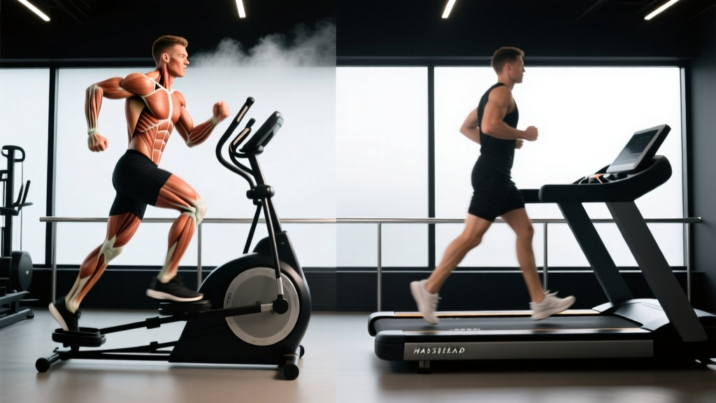 Side-by-side biomechanical comparison of a user on an elliptical cross-trainer versus a user walking on a 15% incline treadmill deck.