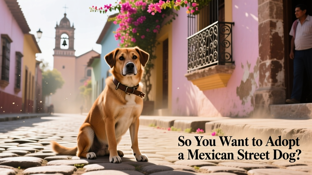 A friendly, medium-sized Mexican street dog sitting calmly on a sunlit cobblestone street in a historic Mexican neighborhood