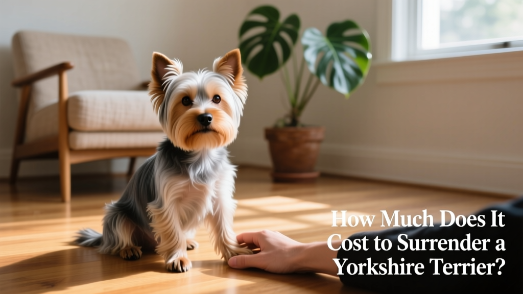 A gentle, well-groomed Yorkshire Terrier sitting calmly beside a person’s hand