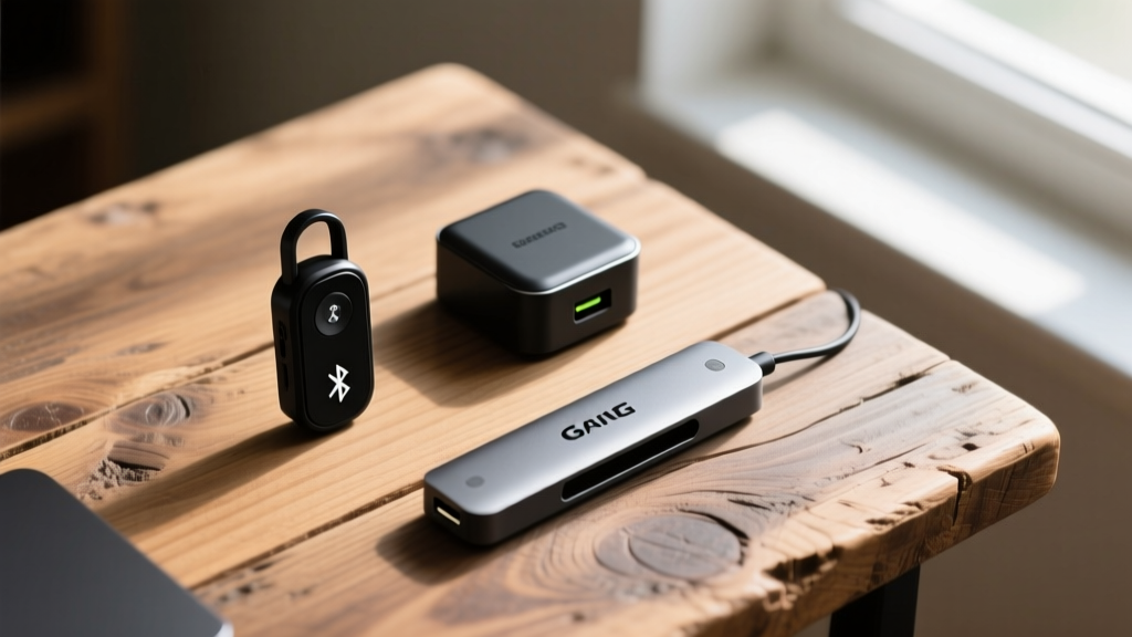 Overhead flat-lay of budget tech gifts including a Bluetooth tracker, GaN charger, and streaming stick on a rustic wood table.