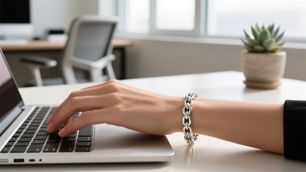 Hand wearing a delicate 10k white gold tennis bracelet while typing on a laptop keyboard, showcasing its everyday durability and shine.
