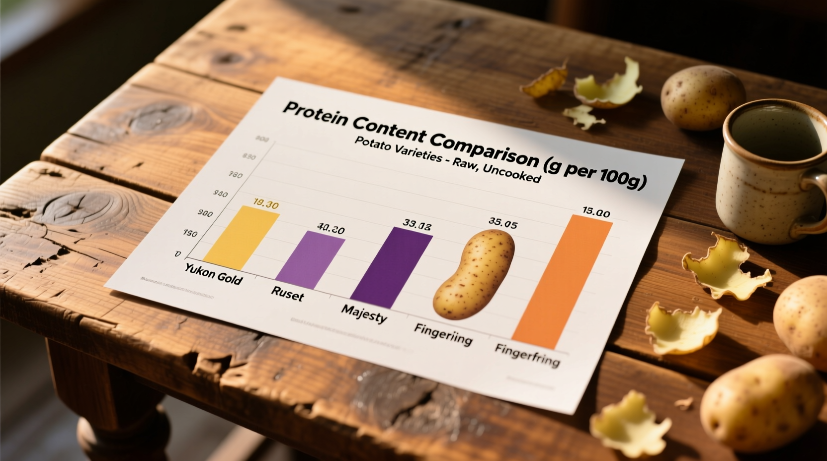 Potato protein content comparison chart on wooden table