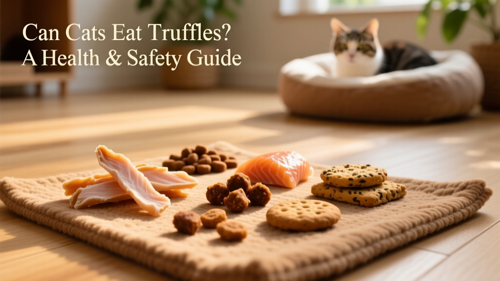 A selection of healthy, cat-safe treats including freeze-dried chicken, salmon bites, and grain-free biscuits arranged on a pet-friendly mat