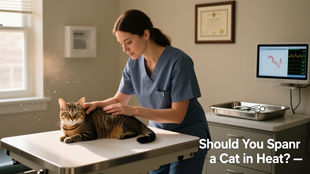 A veterinarian gently examining a cat in a quiet exam room—highlighting careful assessment before spay surgery