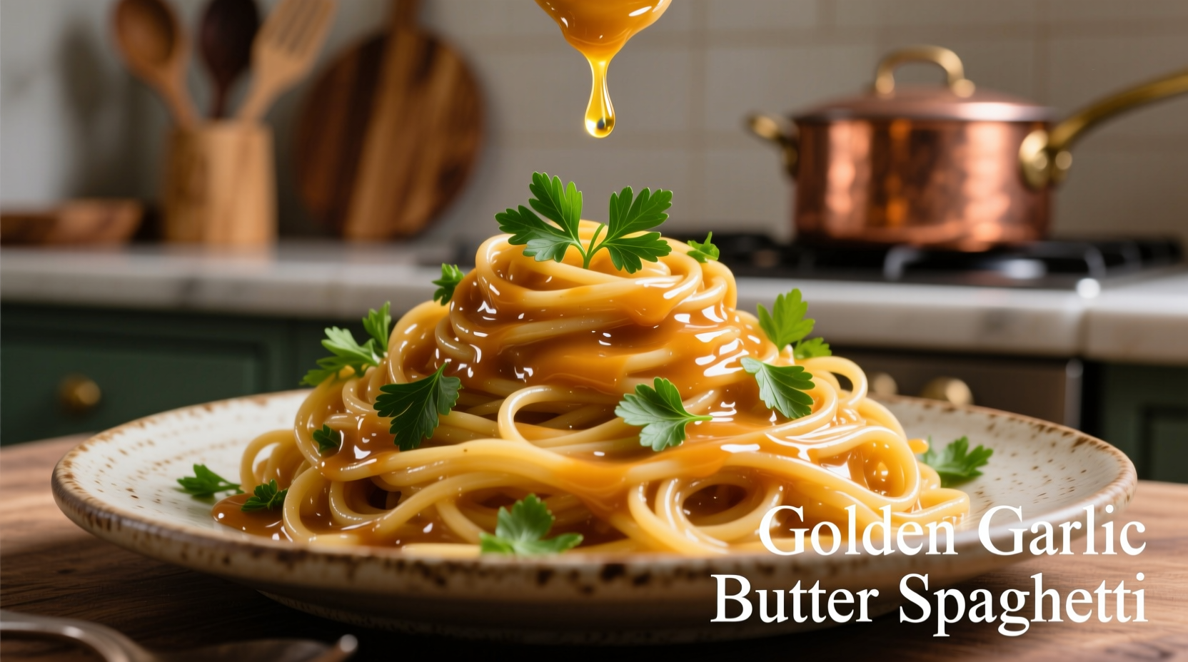 Golden garlic butter spaghetti with fresh parsley garnish