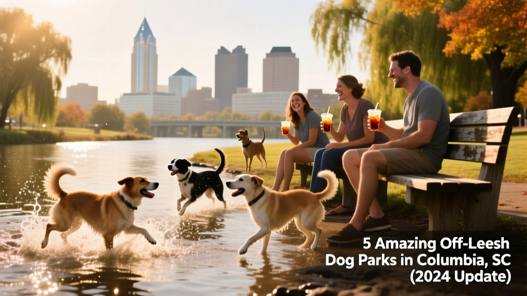 A lively scene at Riverfront Dog Park: dogs splashing in shallow river-edge water, owners chatting on wooden benches, and the Columbia skyline visible in the background